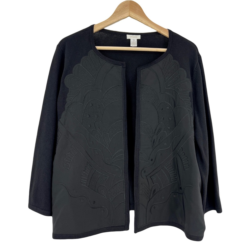Chico's Black Embossed Open-Front Sweater Jacket